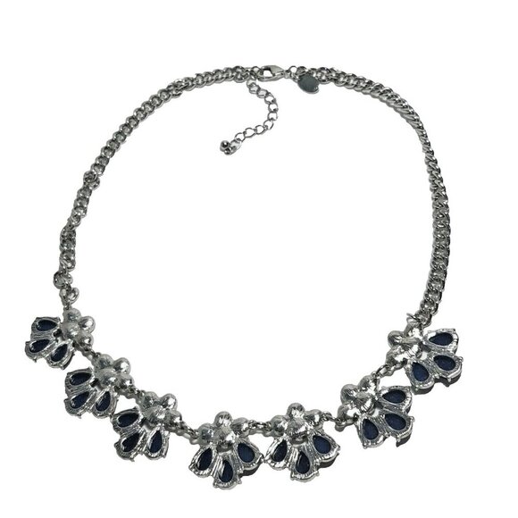 Charming Charlie Statement Necklace Navy Blue Rhinestone Crystal Silver Tone - Picture 4 of 5